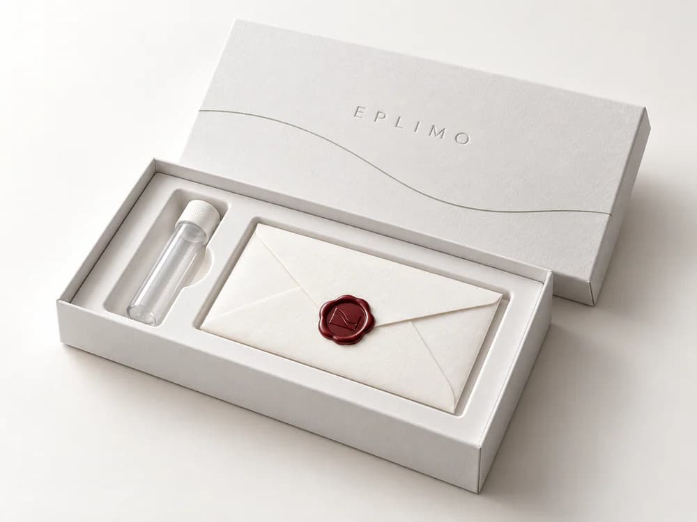 The EPLIMO kit opened, showing the saliva collection tube and sealed envelope.